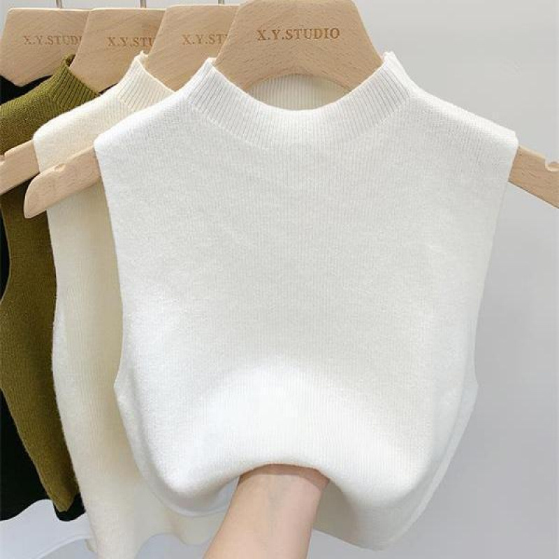 High Collar Vest Inner Knitted Sweater Base Shirt Women's Spring Half High Collar Camisole Short Outer Wear Sleeveless Top