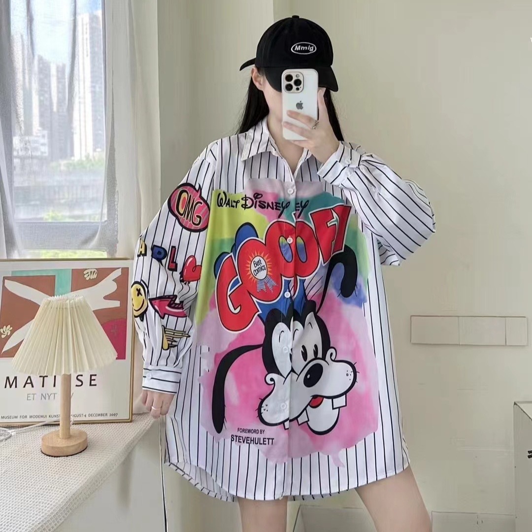 欧洲站2023年秋季新款卡通宽松印花开衫衬衣洋气衬衫女中长款潮牌