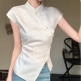 工厂制定 米白色无袖新中式国风T恤女夏季2024年修身显瘦别致上衣