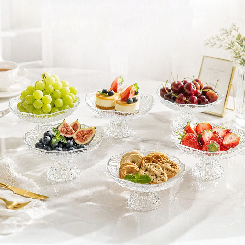 Nuevo vidrio ligero de lujo alto pie pequeño bandeja de frutas comerciales KTV club dulces frutas secas refrigerios bandeja contenedor de almacenamiento doméstico