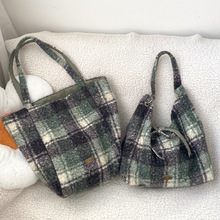 冬季新款巴恩风灰绿格纹双面包大容量托特包百搭通勤包学生上课包