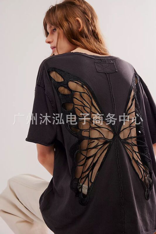 2025 Amazon AliExpress ストリート中空蝶ホットガールスタイルインルーズショートラウンドネック Tシャツ|undefined