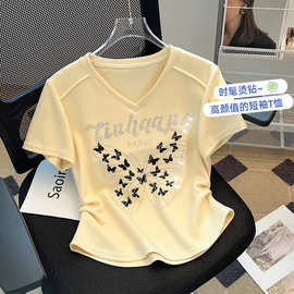 V领短袖T恤女夏季新款镶钻字母设计蝴蝶创意印花洋气抽褶收腰上衣