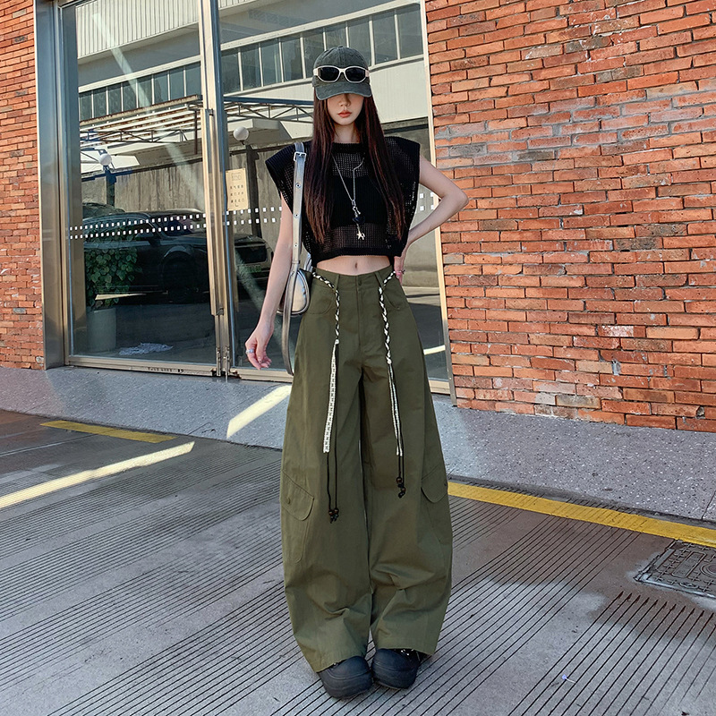 军绿色弯刀裤女2025年秋季新款高腰宽松显瘦美式工装阔腿休闲裤子|undefined