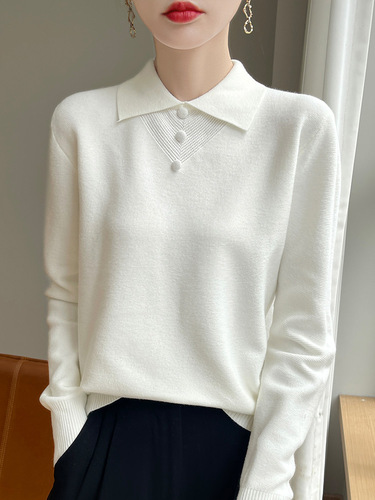 Women's Long-Sleeve Loose Knit Collar Shirt with Age-Defying Polo Collar, Button Accent, Early Autumn Base Layer Top