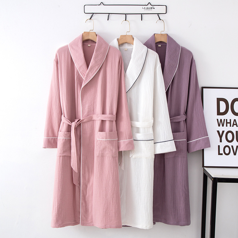 Hotel Women's bathrobe cotton crepe thin plus size belt nightgown cotton long absorbent bathrobe hot spring sweat steaming clothes Hotel Women's bathrobe cotton crepe thin plus size belt nightgown cotton long absorbent bathrobe hot spring sweat steaming clothes
