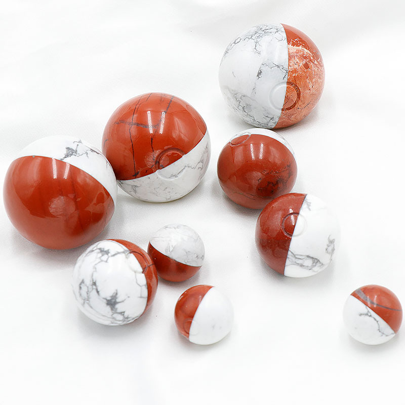 Natural Stone White Pine Red Jade Mosaic Ball, Magical Fairy Play Ball, Dual Color Cartoon Semi-Precious Red and White Ball