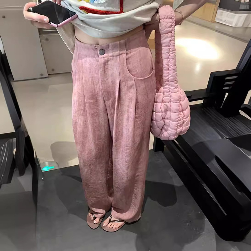 Plaid Slow Rhythm Handmade Fried Linen Blended Wide-leg Casual Pants for Women Summer Lazy Sun Protection Straight Pants Manufacturer