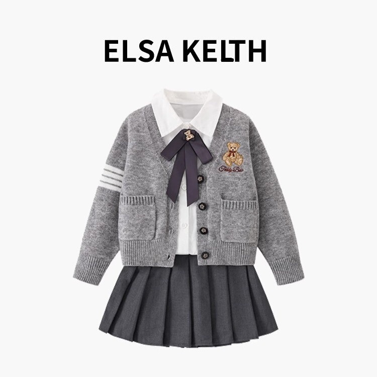 Factory price free shipping one-piece delivery girl's knitwear college style three-piece autumn clothes children's pleated skirt jk suit