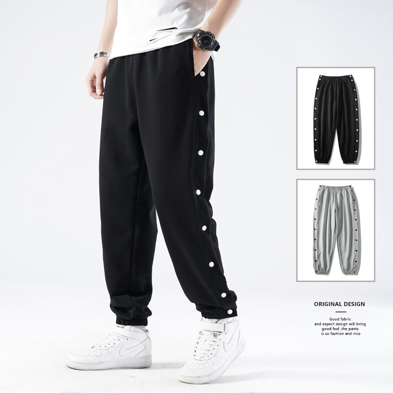 Sports breasted pants men's full open button loose fashionable ankle-tied spring and summer sweatpants side open training basketball long pants