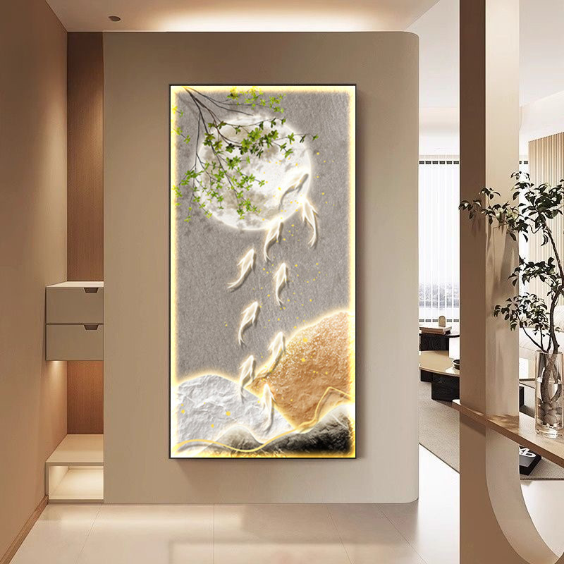 现代简约玄关装饰画侘寂风客厅九鱼发光灯画茶室挂画走廊过道壁画|undefined