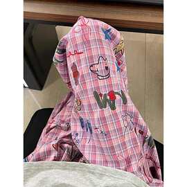 美式涂鸦格子裤子女夏季2026年高腰宽松直筒印花休闲拖地阔腿裤