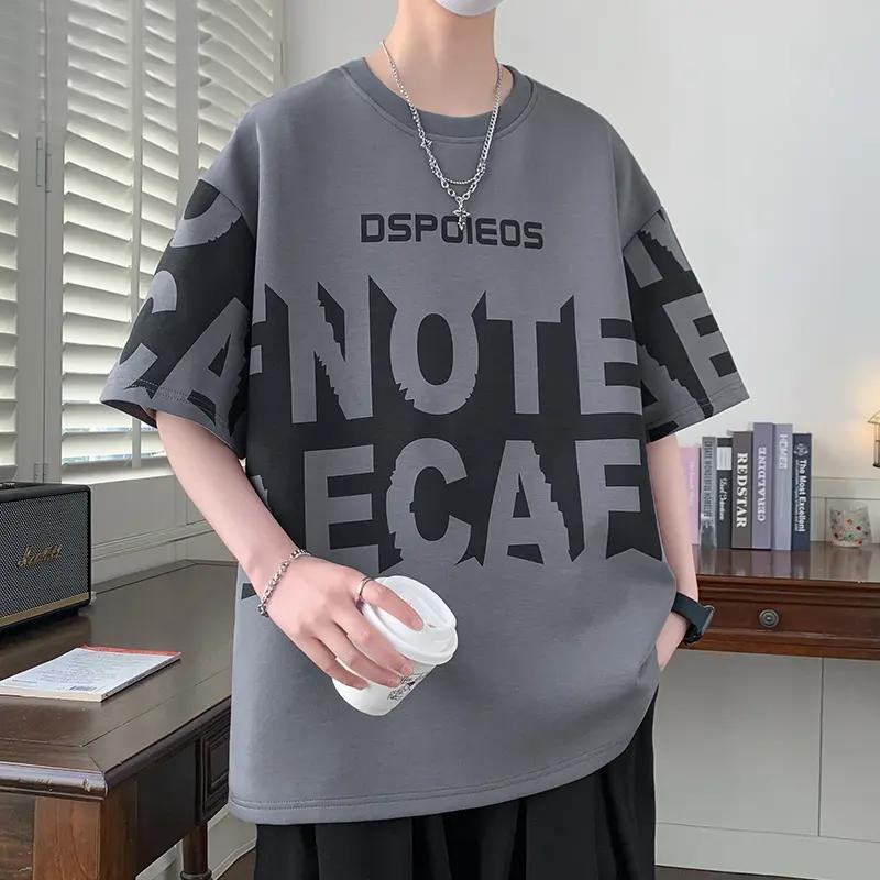 Summer Trendy Brand Short-Sleeved Men's Casual Fashion Loose-Fitting Contrasting Color Letter Print Round Neck Half-Sleeved T-Shirt