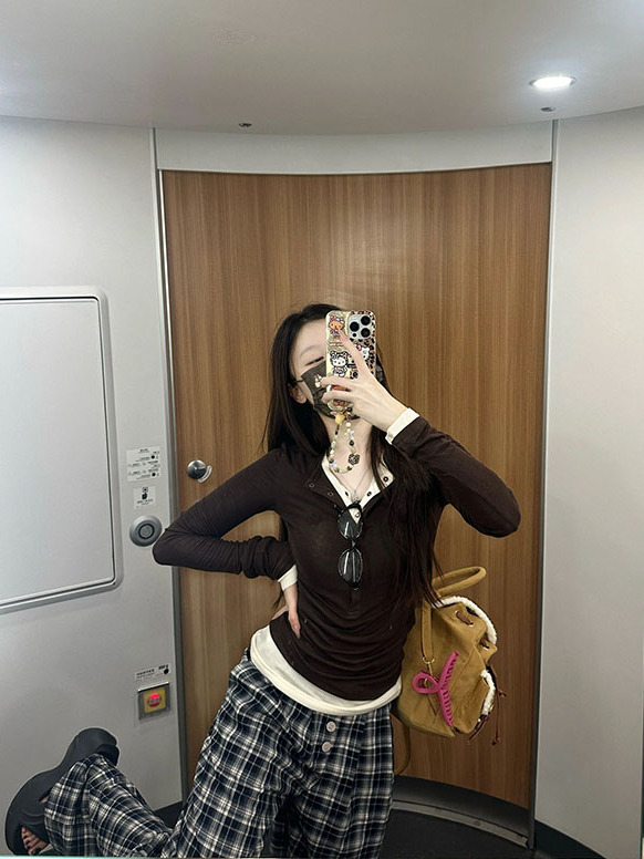 大码胖MM美式复古假两件长袖T恤女2025新款秋季修身显瘦打底上衣|undefined