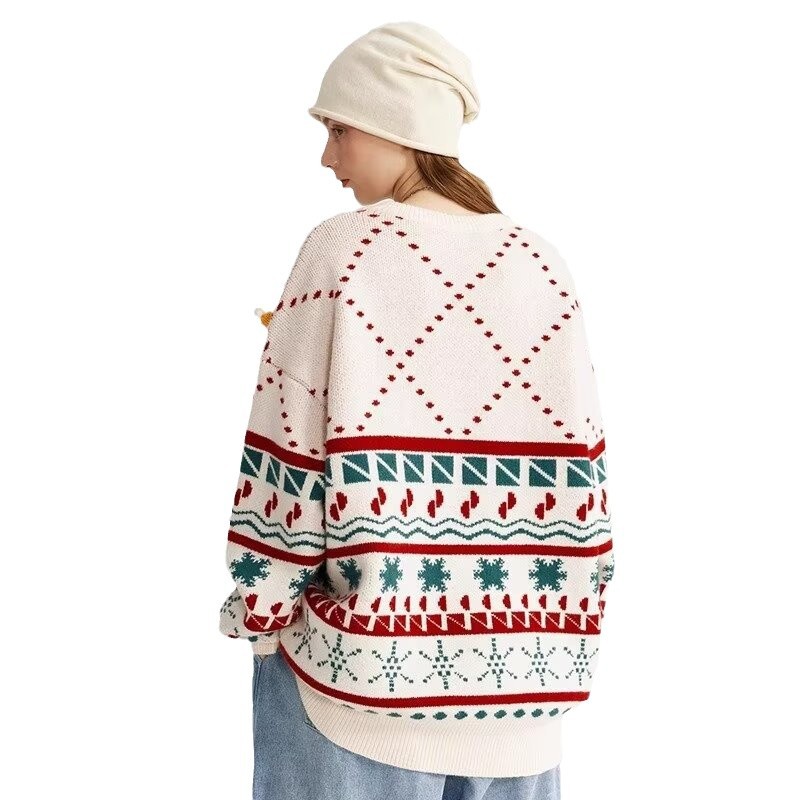 Men's Clothing Spring and Autumn New Products Bear Doll Pullover Red Sweater Retro Round Neck Knitted Sweater Loose Sweater Men_voghion.com