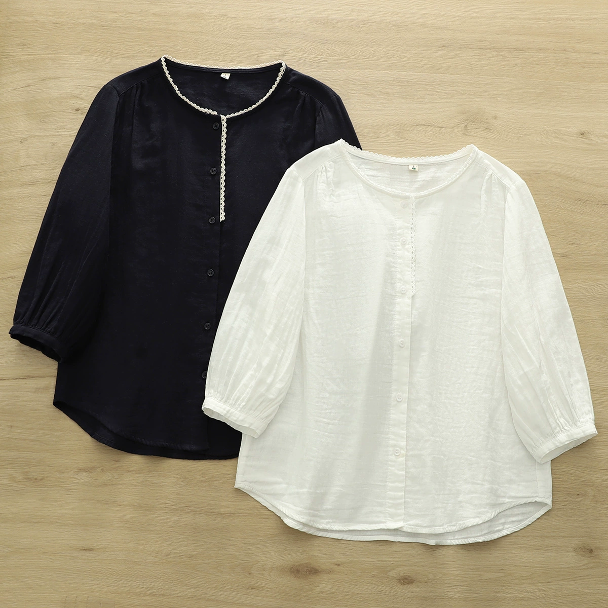 Японский женский простой кружевной сшитый хлопчатобумажный пряжа рубашка с рукавами из семи рукавов