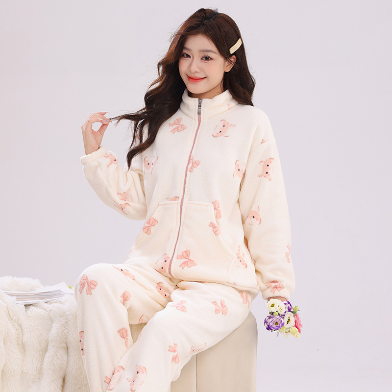 Flannel Pajamas Women's Winter New Sweet Ins Style Zipper Cardigan Long-Sleeved Pants Warm Home Wear Set