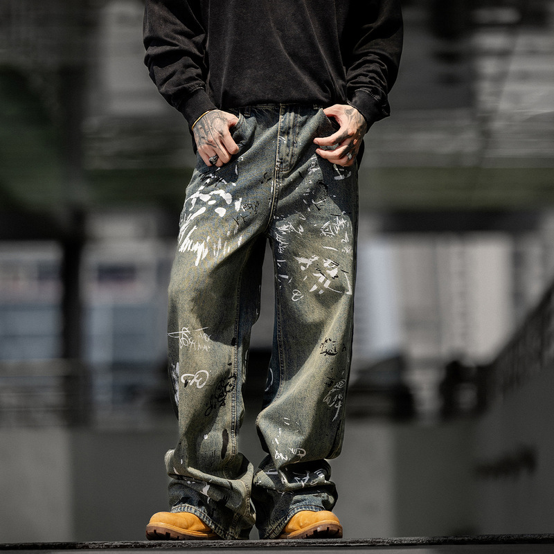 Trendy Brand Loose-Fitting Cro Cro Cross Lightning Distressed Pants, Straight Wide-Leg Pants, American High Street Printed Jeans for Men