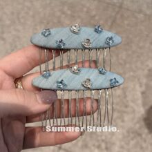 公主头插梳蓝色水钻星星~布艺发梳倒插刘海夹bb夹发夹发卡侧边夹