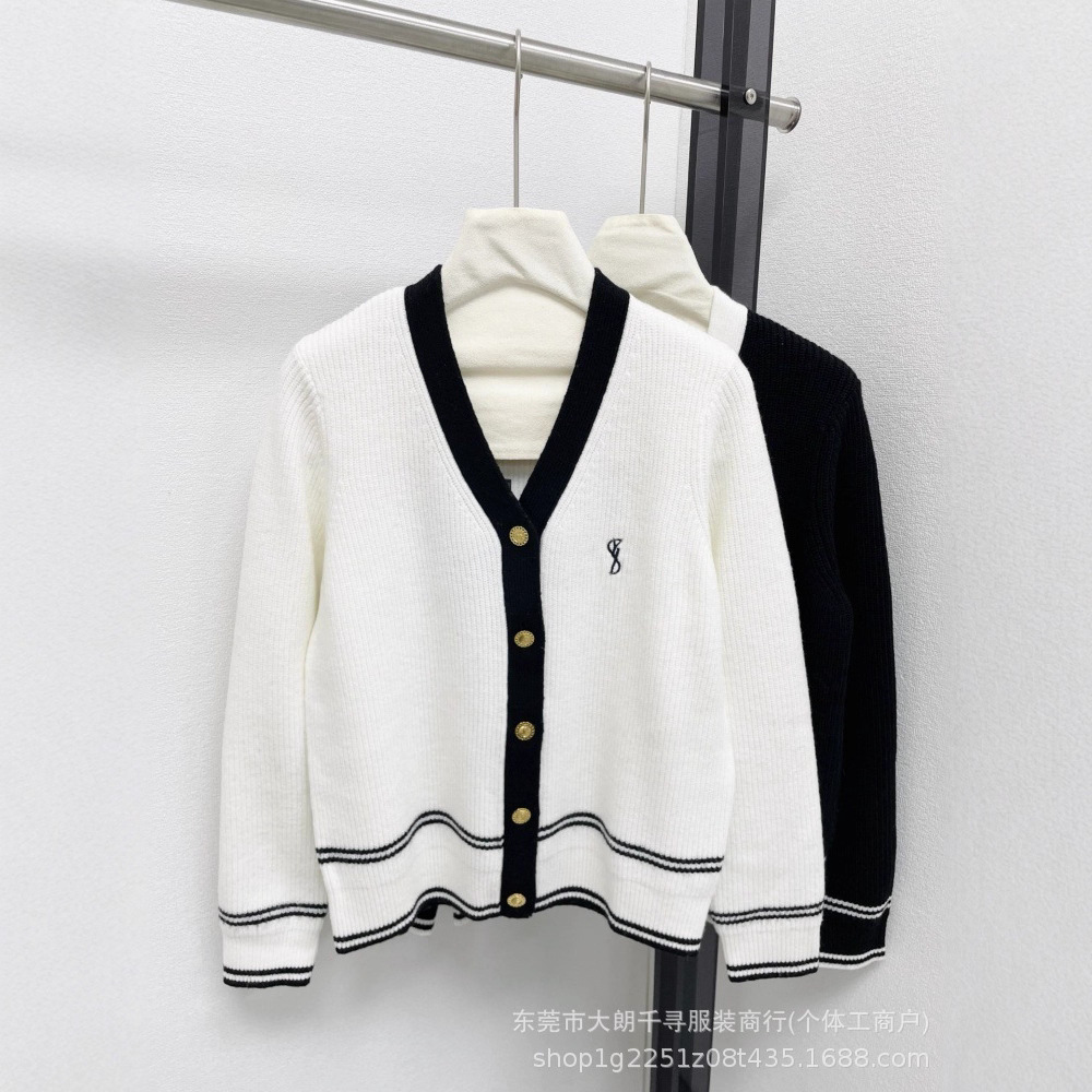 25早秋新款南油高定Y家简约百搭撞色包边V领金属扣针织开衫女上衣