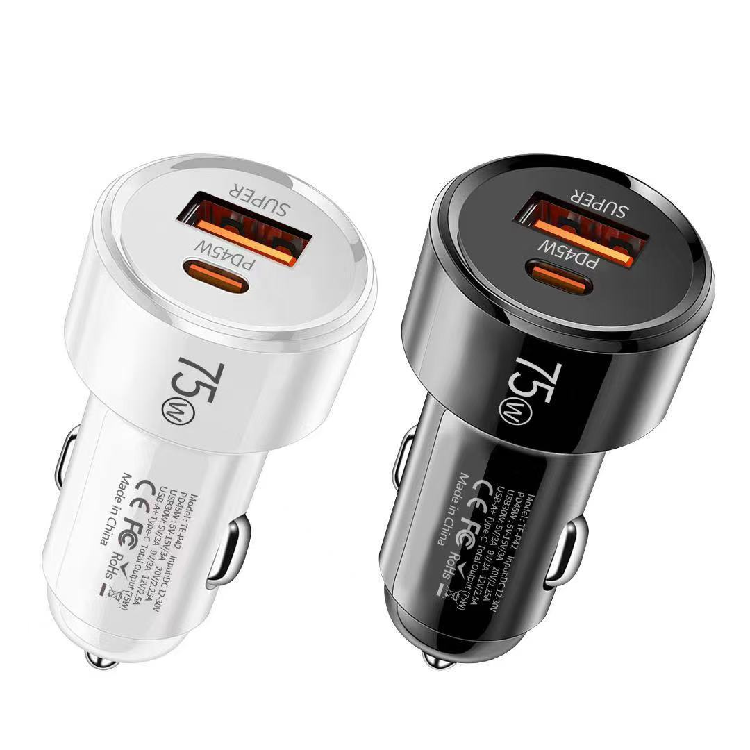 Cross-Border Exclusive Supply of 75W Car Charger A+C Dual-Port Car Phone Charger with Dual Fast Charging Usb+Pd Cigarette Lighter