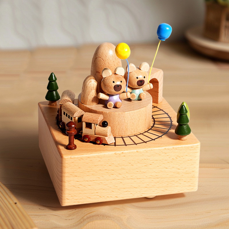 Carruaje carruaje, caja de música de dibujos animados de madera maciza, caja de música giratoria, decoración de regalo de juguete de madera de iluminación para niños de 1 a 3 años