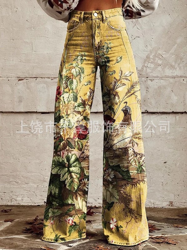 跨境欧美独立站爆款数码印花假牛仔女士阔腿裤 女士喇叭修身长裤|undefined