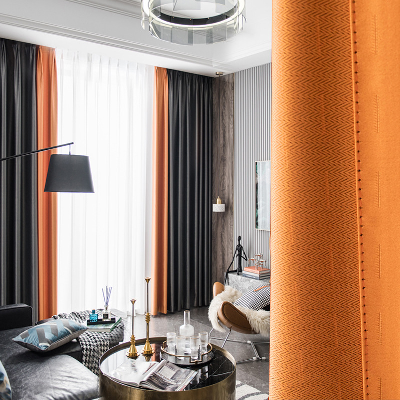 北歐簡約現代輕奢純色拼接臥室客廳工程成品遮光隔熱提花窗簾布料