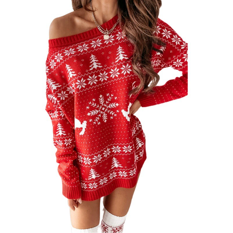 2022 осень и зима новый вязаный свитер Женщины желают европейским и американским женщинам рождественского жаккардового свободного вязаного платья с длинным рукавом