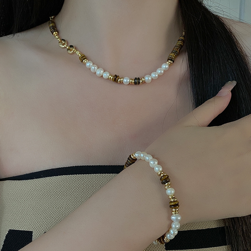 Natural Freshwater Pearl Necklace French Retro Tiger's Eye Woolen Chain Antique Bracelet New Year Temperament Clavicle Chain