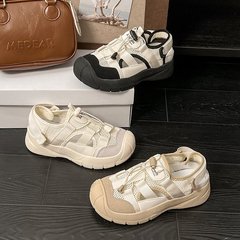 牛革バージョン ~ スポーツサンダル女性の 2025 新しい夏中空通気性ハイキングシューズ女性のアウトドアレジャーリバートレースシューズ