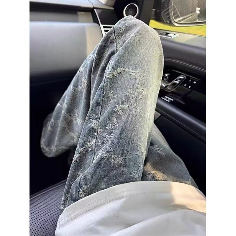美式高街水洗做旧裤子vibe提花牛仔裤男高腰提档显腿长弯刀微喇裤|undefined