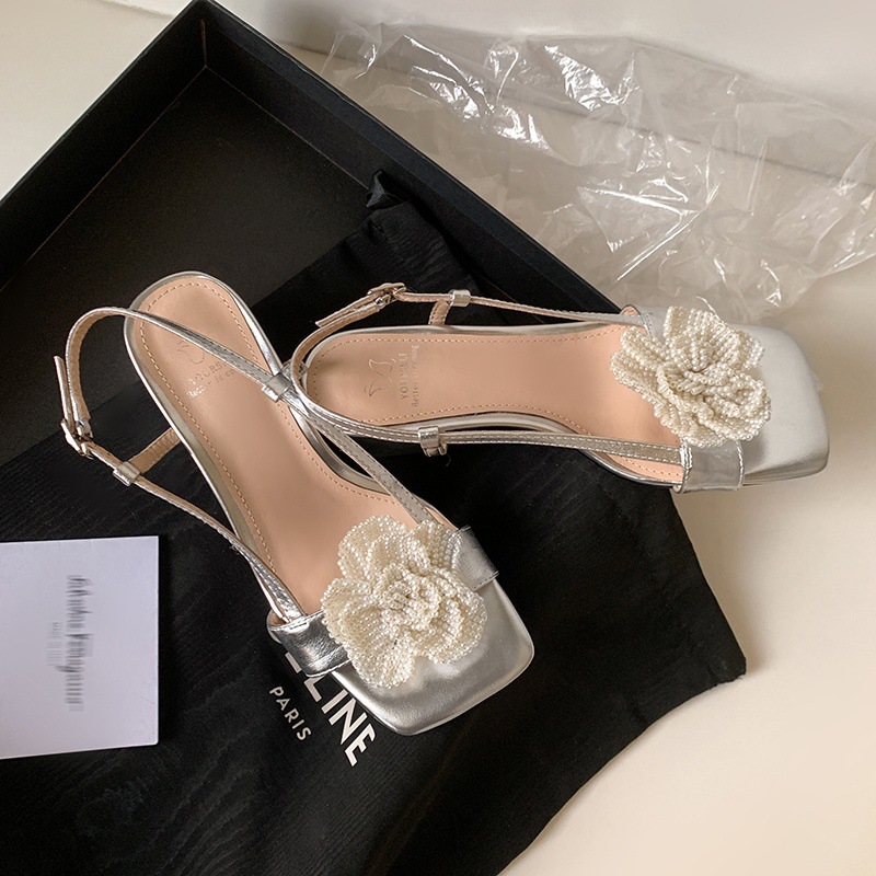 Sandal nữ da thật mũi vuông gót vuông đính ngọc trai hoa trà — vàng, bạc chi tiết 7