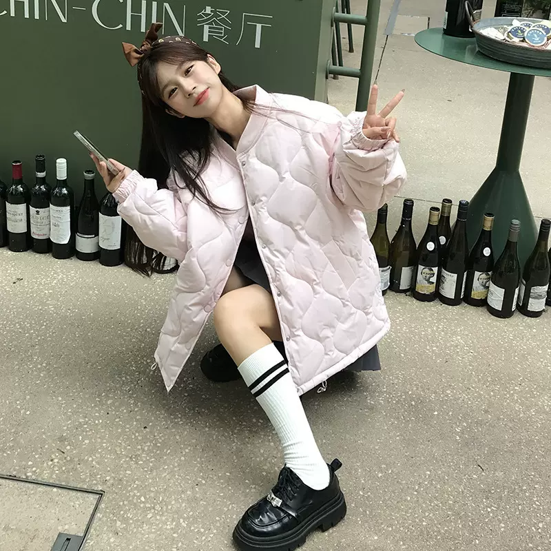 外贸大码小香风无领菱格羽绒棉服女冬季短款圆领厚外套设计感棉衣