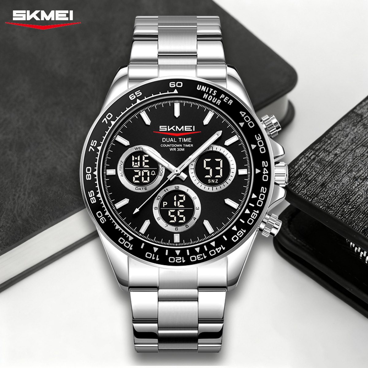 Momento de belleza hombre reloj de correa de acero plateado de negocios reloj deportivo multifuncional nocturna impermeable reloj de hombre al por mayor transfronterizo