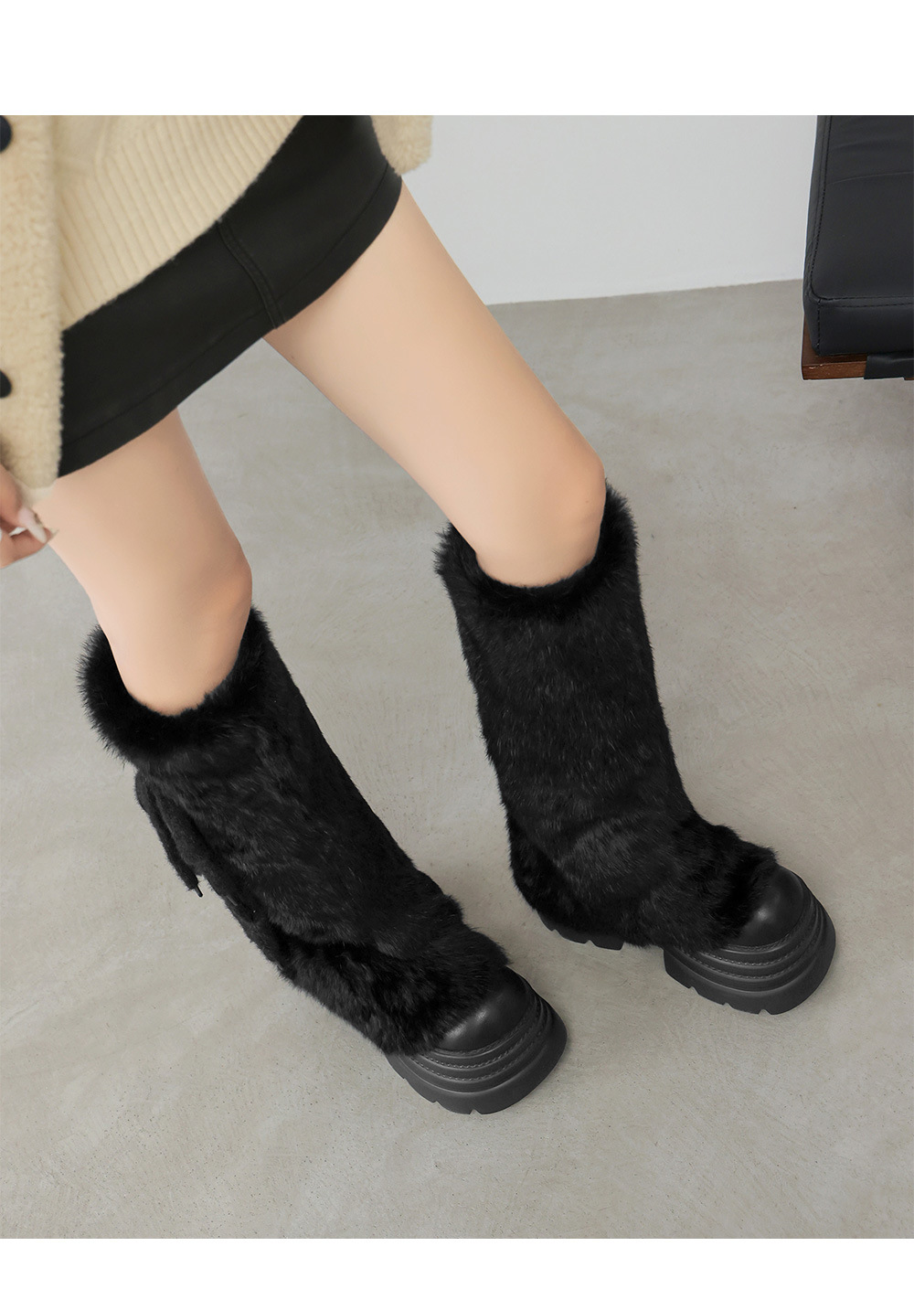 Boot nữ cổ cao lông thỏ ấm áp đế dày buộc dây — Bộ lông màu trắng sữa chi tiết 6