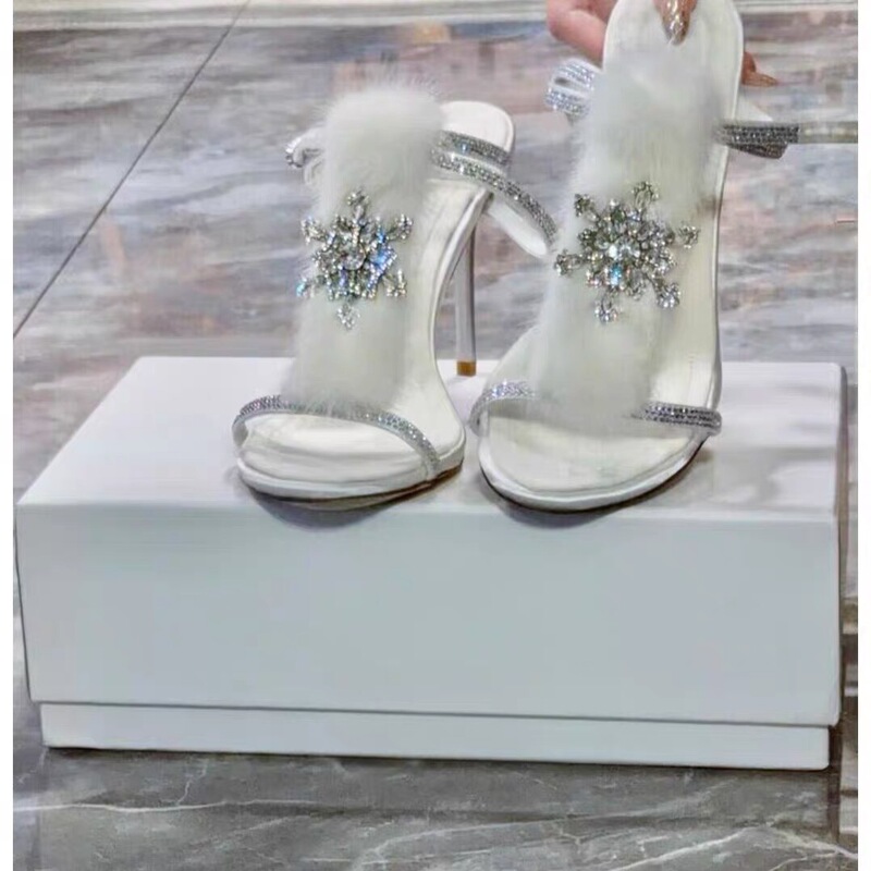 2025 Winter New Genuine Leather Mink Fur Fairy Style Rhinestone Sandals Women's Stiletto Strap High Heels Shoes