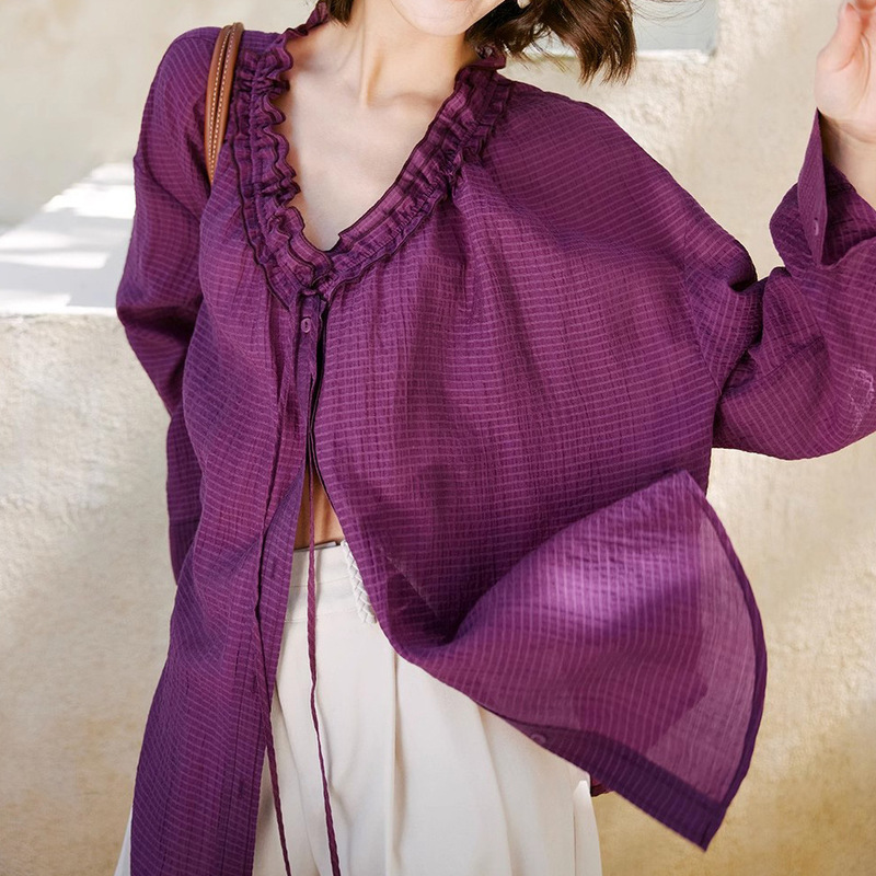 Spot Plaid and Purple French Resort Style Top Drawstring Fungus Purple Small Plaid Sun Protection Shirt