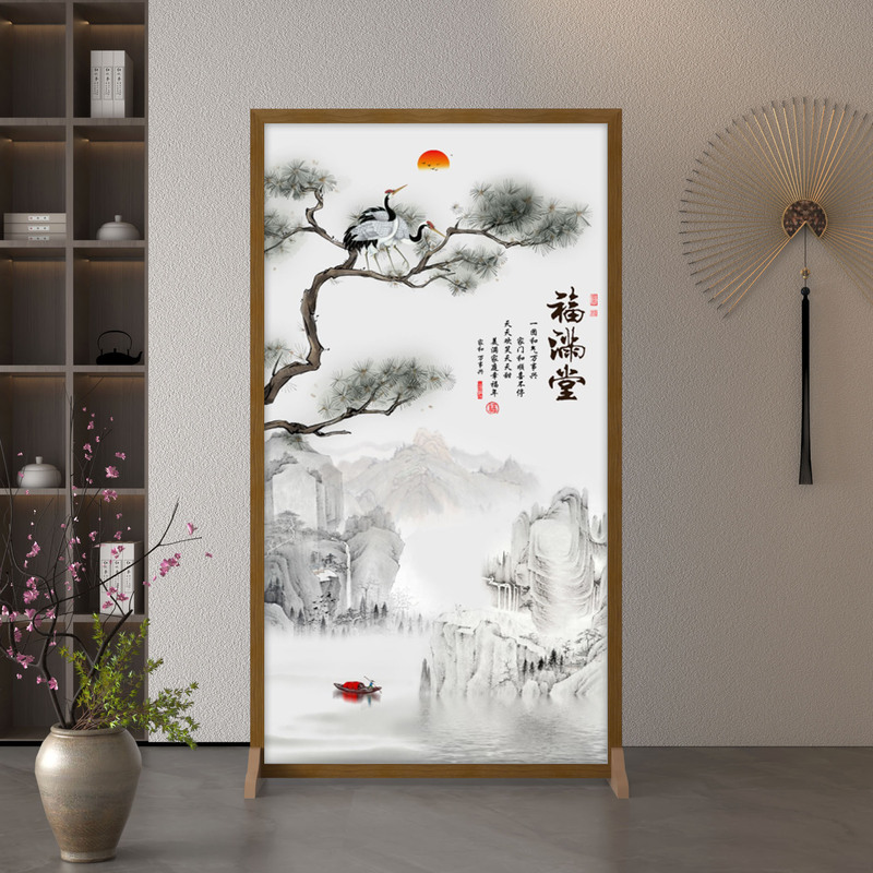 新中式简约现代隔断入户布艺遮挡客厅木质屏风玄关装饰移动座屏风|undefined