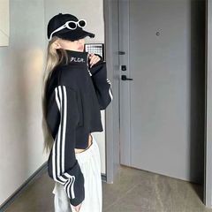 美式复古条纹短款运动卫衣女秋季修身立领长袖防晒外套黑色上衣潮