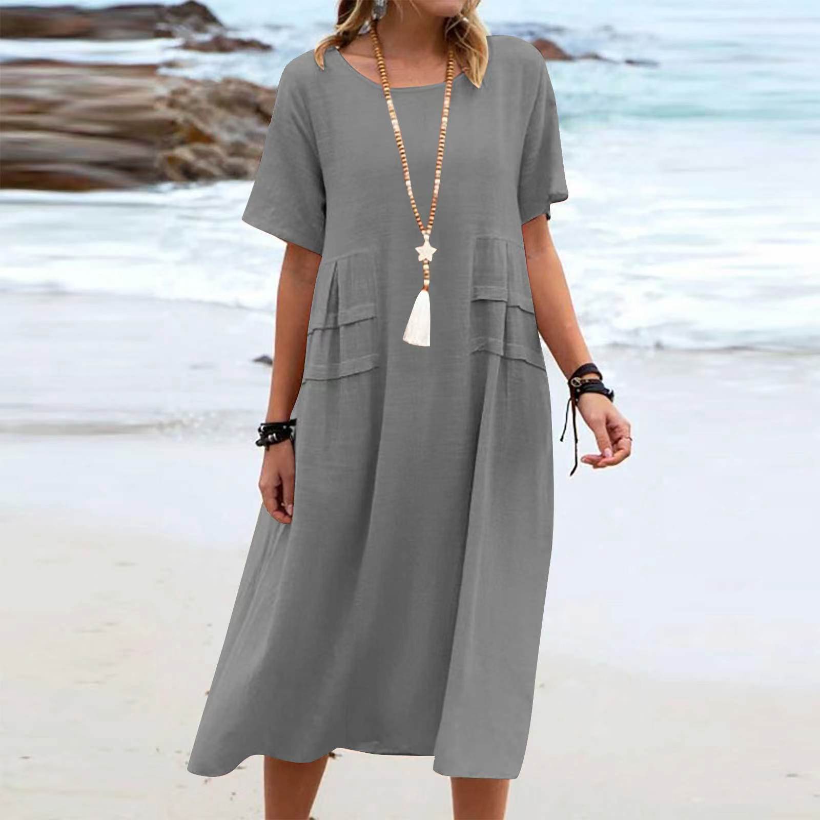 Robe d'été décontractée pour femme, coupe ample, col rond, manches courtes, longueur mi-longue, en coton et lin, couleur unie_voghion.com