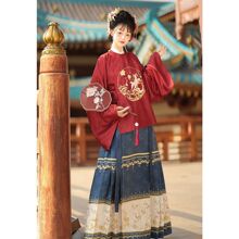 成人汉服女秋冬新款改良版明制圆领对襟琵琶袖马面裙印花古装套装