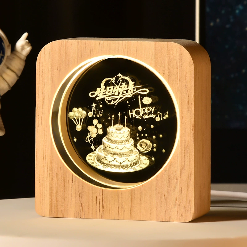 [跨境星球小夜灯3D图案内雕发光水晶桌面摆件木质底座景观节日礼物]