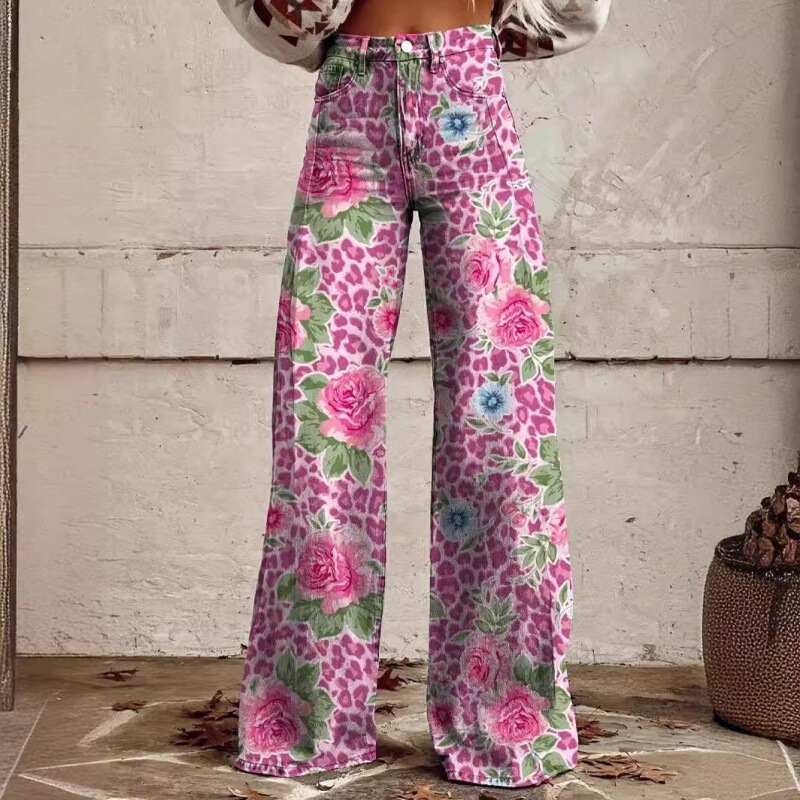 (Pocket Version) Loose-fitting Digital Print Pentagram Faux Denim Women's Wide-leg Pants 3D Women's Flared Trousers (Pocket Version) Loose-fitting Digital Print Pentagram Faux Denim Women's Wide-leg Pants 3D Women's Flared Trousers
