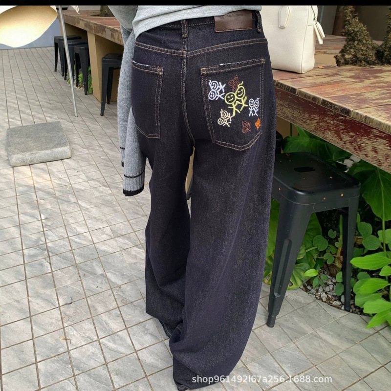 26FW niche matchstick man jeans for women, new embroidered pattern, raw denim, straight-leg casual long pants, base layer shirt