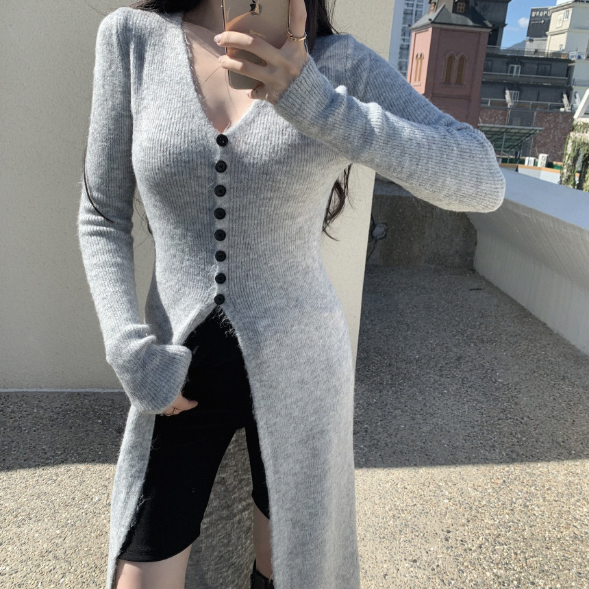跨境V领开叉毛衣裙女2025年欧美风单排扣纯色长裙秋冬内搭连衣裙