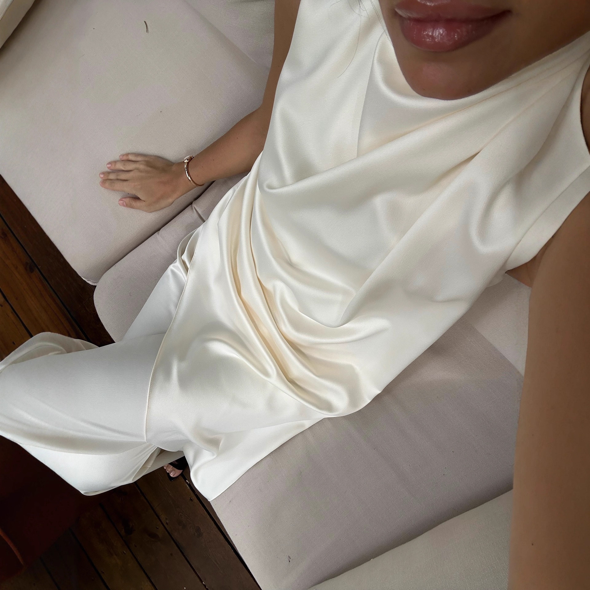 Sleeveless Satin Irregular Hem Half Collar Top Trousers Suit