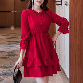 2021春季新款红色雪纺连衣裙小个子打底连衣裙收腰显瘦超仙回门服