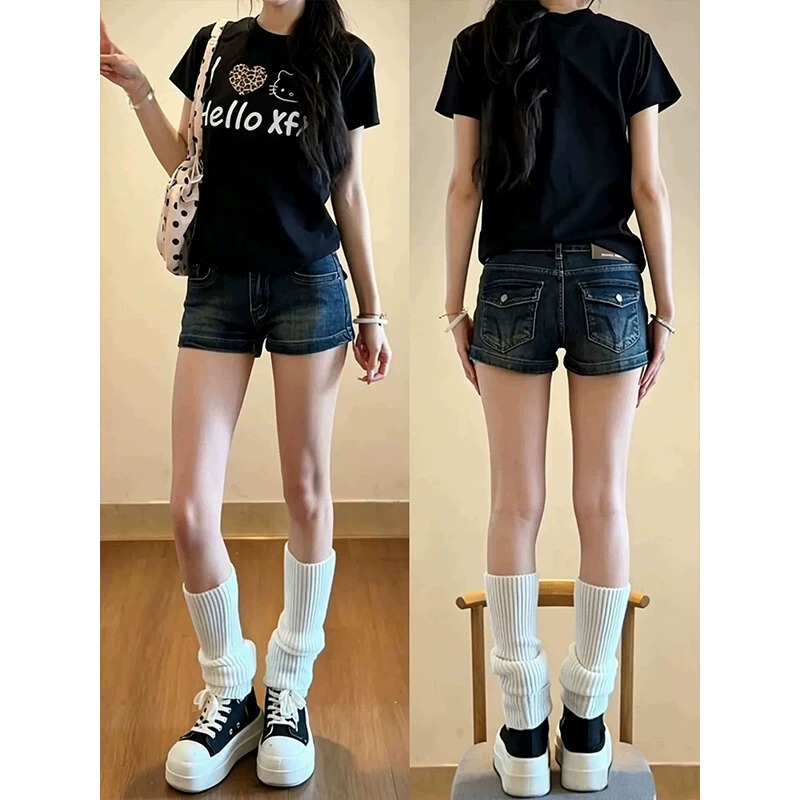 ChaoLi has in stock the new women's retro high-waisted slimming stretchy hip-hugging hot pants in smoky blue-gray straight denim style