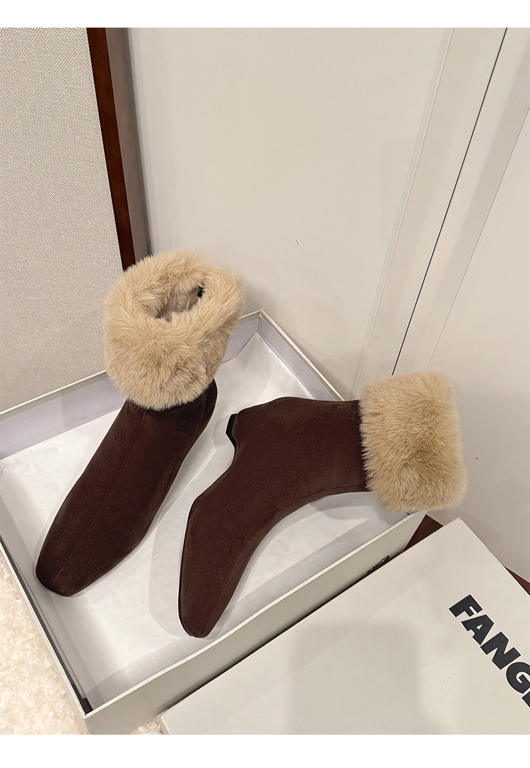Boot nữ cổ cao lông cừu mũi vuông tăng chiều cao — cà phê nâu, màu xám, quả mơ chi tiết 22